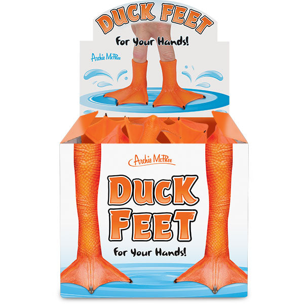 Bulk display box of orange Duck Feet Finger Puppets by Archie McPhee, featuring realistic webbed duck feet design for hands, with water splash graphics and playful packaging