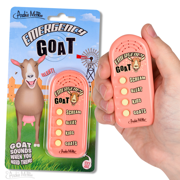 Emergency Goat Sounds noisemaker with four buttons for different goat sounds, shown in packaging and held in hand. Colorful product design featuring cartoon goat and farm background.