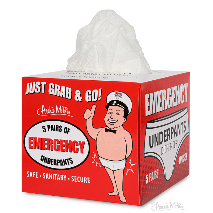 Red box dispenser for Emergency Underpants, featuring cartoon character in underwear, tissue-like dispensing, and humorous product details. Contains 5 pairs of disposable unisex underwear for unexpected situations.