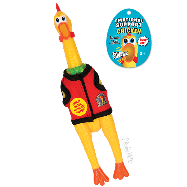 Yellow plush rubber chicken wearing red emotional support vest, standing upright with long neck and orange beak. Product tag shows "Emotional Support Chicken" with cartoon chicken face and "Squawk!" text. Comical and whimsical design for stress relief and companionship.