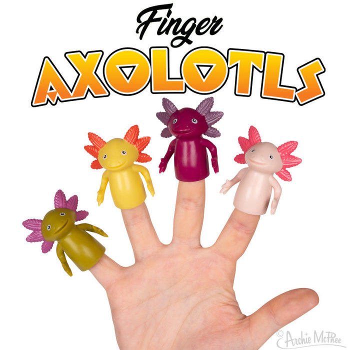 Set of four colorful axolotl finger puppets in yellow, purple, pink, and green worn on a hand, with "Finger Axolotls" text above. Cute, smiling cartoon-style amphibian toys for interactive play.