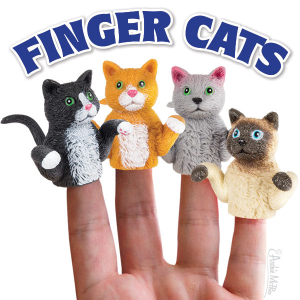 Set of four colorful cat finger puppets displayed on a hand, featuring different breeds with unique fur patterns and eye colors, beneath blue text reading "FINGER CATS