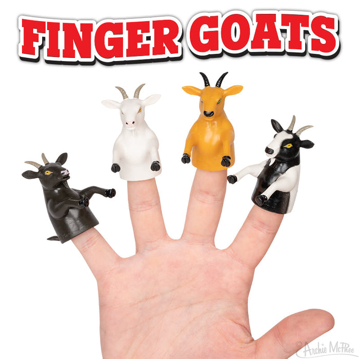 Set of 4 colorful goat finger puppets on a hand, featuring black, white, yellow, and black-and-white designs. Product title "FINGER GOATS" in bold red text above the image.