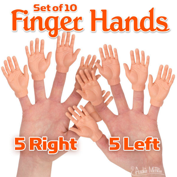 Set of 10 miniature hands for fingers, 5 right and 5 left, in light skin tone. Multiple tiny hands shown on two human hands, with orange text describing the product. Quirky and fun novelty item for parties and social media photos.