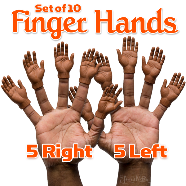 Set of 10 dark skin tone finger hands, 5 right and 5 left, shown on two real hands with miniature hands on each fingertip, demonstrating the product's appearance and usage