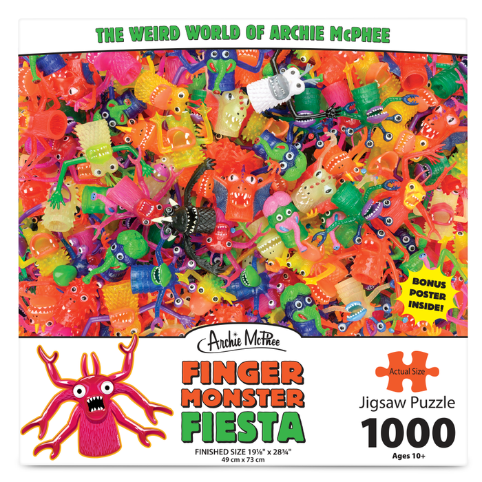 Colorful puzzle featuring a chaotic pile of vibrant finger monsters with googly eyes and wiggly arms. Product box shows title "Finger Monster Fiesta" and details 1000 pieces, finished size, and includes bonus poster. Archie McPhee branding visible.