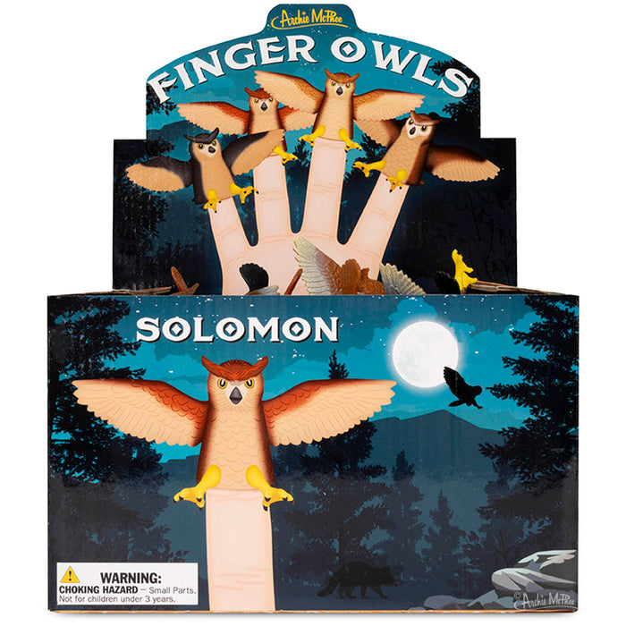 Colorful display box of Finger Owls toy set featuring owl puppets on fingers and a larger owl named Solomon with spread wings against a night sky backdrop, showcasing the product's playful and nocturnal theme