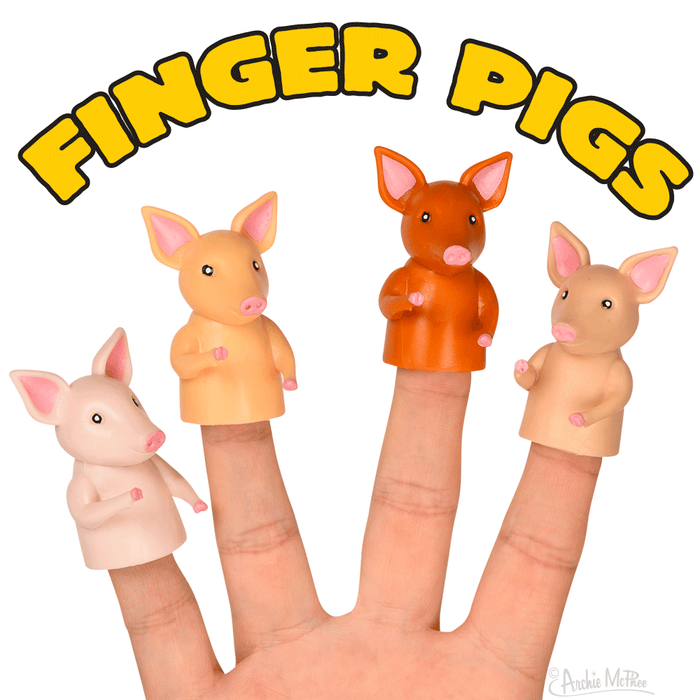 Set of four colorful pig finger puppets displayed on a hand, with yellow text reading "FINGER PIGS" arching above them. Puppets range from light pink to orange in color, each with distinct facial features and expressions.