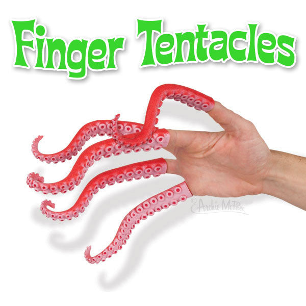 Red rubber finger tentacles worn on a hand, resembling squid or octopus arms, with green text "Finger Tentacles" above