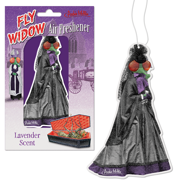 Novelty air freshener shaped like a Victorian-era widow fly in black dress, holding flower. Product packaging and hanging air freshener shown side-by-side. Lavender scent, purple background with graveyard scene.