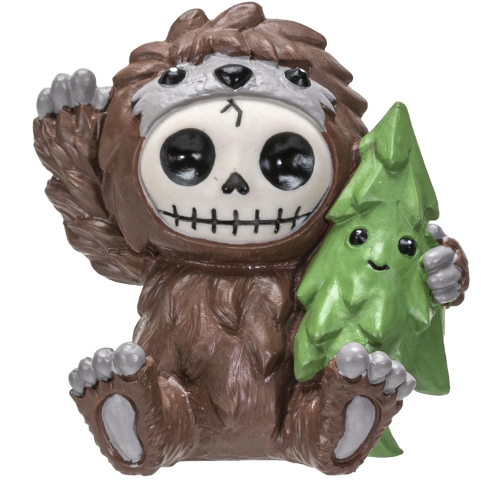 Furrybones Bigfoot figurine, skeleton dressed as brown furry creature, hugging smiling green pine tree, collectible gothic-cute style ornament