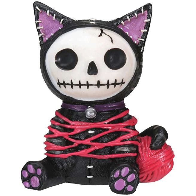 Furrybones Black Mao Mao figurine, skeleton in cat costume with purple ears, wrapped in red yarn, sitting with paws visible, wearing purple collar with gem, white skull face with stitched mouth, black eye sockets, collectible Halloween decor