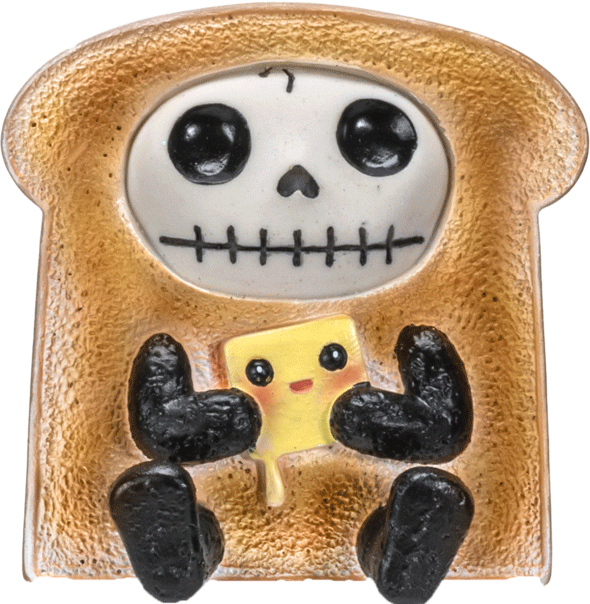 Quirky skeleton figurine dressed as toast slice, holding personified butter pat with face. Skeleton has large eyes, stitched mouth, and black limbs. Collectible Furrybones Toasty figurine, whimsical and humorous design for Halloween or everyday decor.