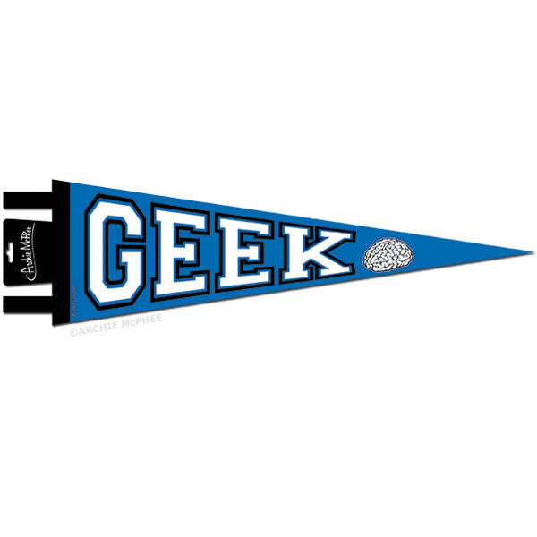 Blue triangular felt pennant with white text "GEEK" and a brain icon, perfect for proudly displaying geek status or support, ideal for IT enthusiasts and tech-savvy individuals