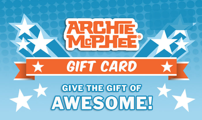 Archie McPhee gift card design with orange logo, blue starry background, and text "Give the gift of awesome!" Perfect for quirky and unique gift-giving.