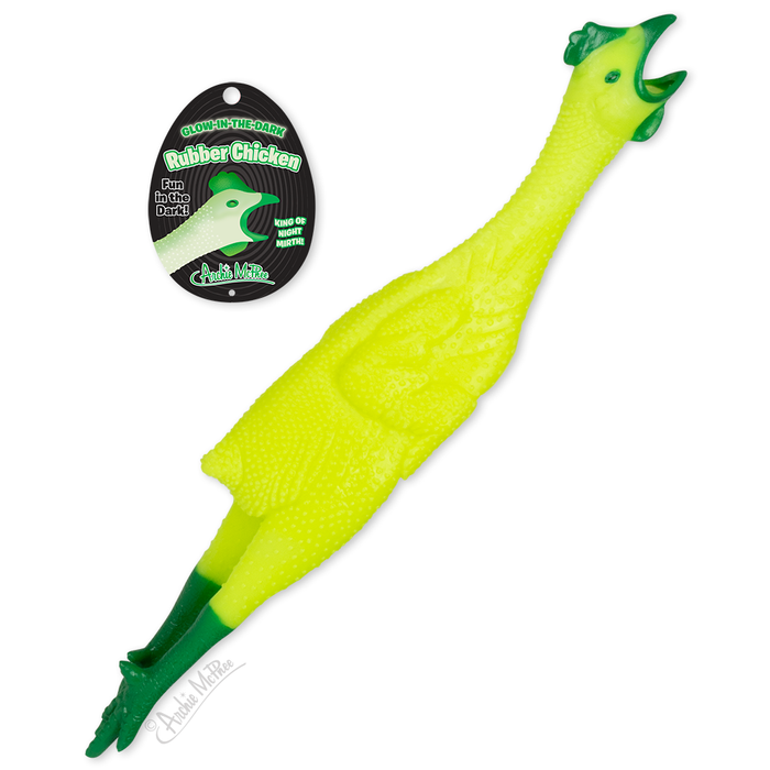 Glow-in-the-dark rubber chicken toy with elongated neon yellow body and green accents, shown alongside its packaging featuring a chicken silhouette and product details