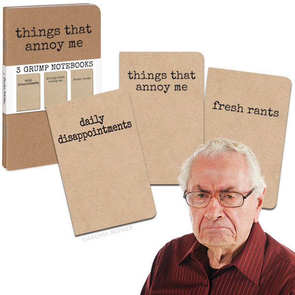 Set of three kraft-covered Grump Notebooks titled "Things That Annoy Me," "Daily Disappointments," and "Fresh Rants," displayed with packaging and an image of a disgruntled-looking older man wearing glasses and a red shirt.