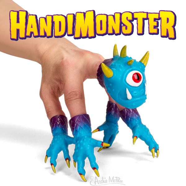 Handimonster finger puppet set featuring a blue cyclops monster head and four claw puppets transforming a hand into a playful creature, with vibrant yellow product title above