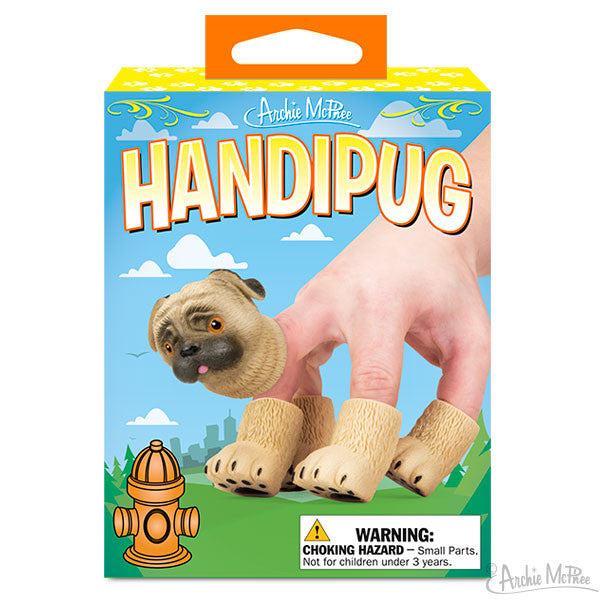 Handipug finger puppet set packaging featuring pug head and paw puppets on a hand, with colorful sky background and fire hydrant illustration. Product name prominently displayed, warning label visible.