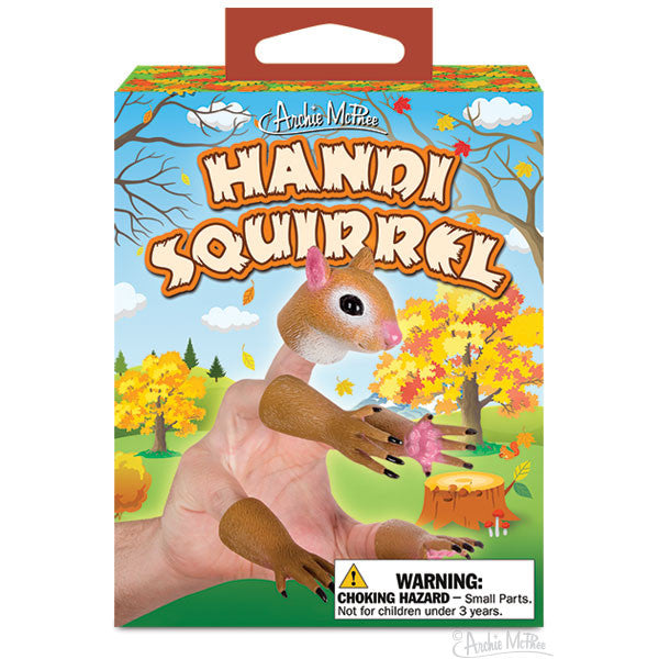 Colorful product packaging for Handisquirrel finger puppet set featuring a playful squirrel puppet on a hand against an autumn forest backdrop with falling leaves and trees