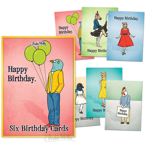 Set of six colorful birthday cards featuring whimsical illustrations of people wearing animal masks, including bird, horse, and cat. Cards display "Happy Birthday" text with quirky, muted celebratory designs perfect for unique birthday greetings.