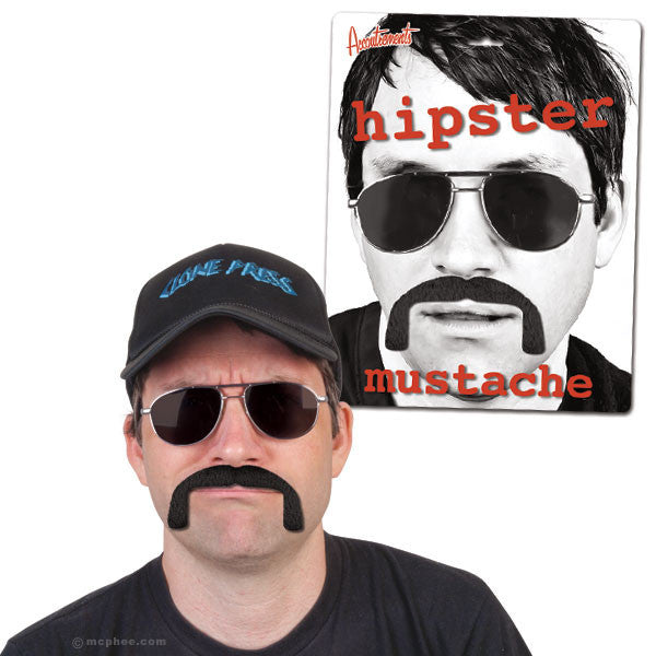 Hipster mustache accessory shown on product packaging and modeled by person wearing sunglasses and cap, featuring thick black handlebar style mustache for ironic fashion statement