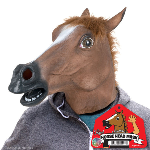 Original Horse Head Mask with realistic fur mane, large eyes, and open mouth, shown worn over gray clothing with product tag visible, ideal for creating surreal and humorous situations at social events