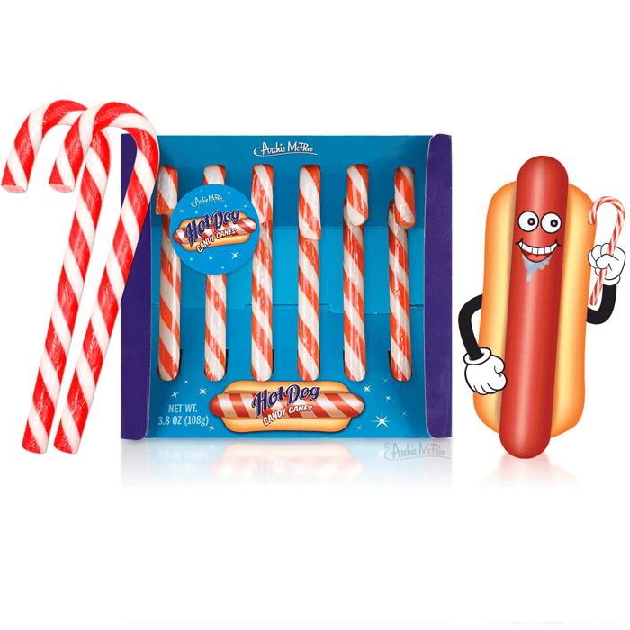 Hot Dog Candy Canes box with red and white striped candy canes, alongside traditional candy canes and a cartoon hot dog character, perfect for unique holiday treats or gifts