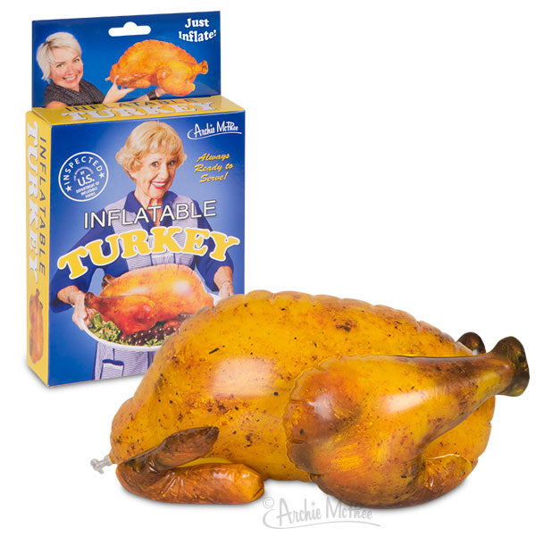 Inflatable Turkey novelty product with packaging and inflated turkey replica, perfect for Thanksgiving decoration or pranks, 16 inches long, realistic golden-brown appearance