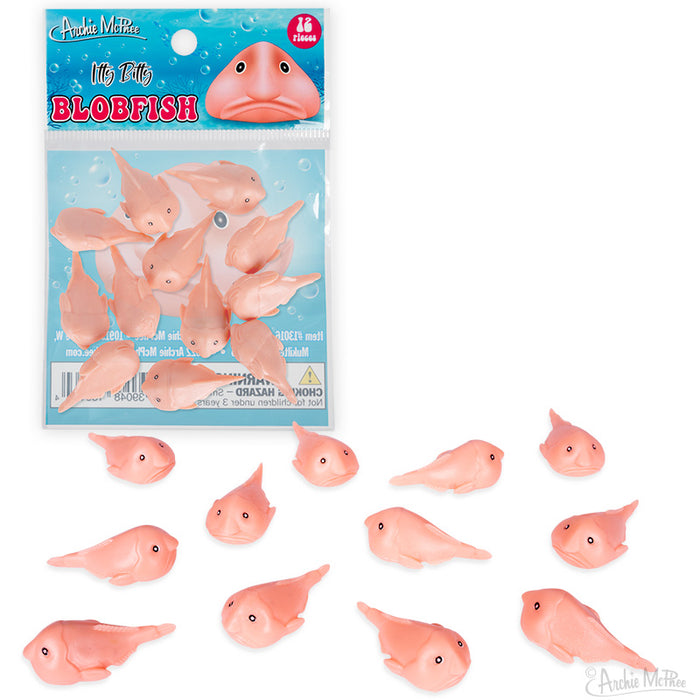 Bag of 12 tiny pink blobfish toys, 1.25 inches long, soft vinyl, displayed in packaging and scattered. Adorable grumpy marine creature replicas for collectors and enthusiasts. Not suitable for young children due to small parts.