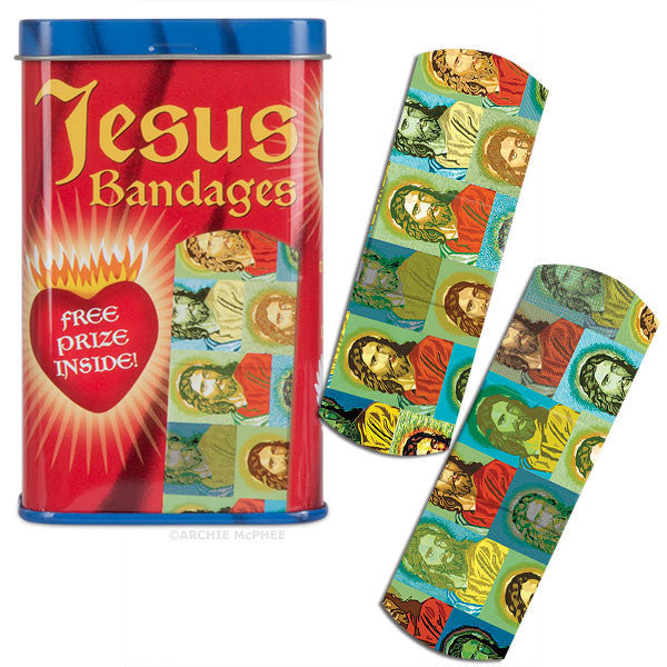 Jesus Bandages in a red tin container with colorful bandages featuring religious imagery. Product includes free prize inside. Novelty adhesive bandages with spiritual theme for minor wounds and amusement.