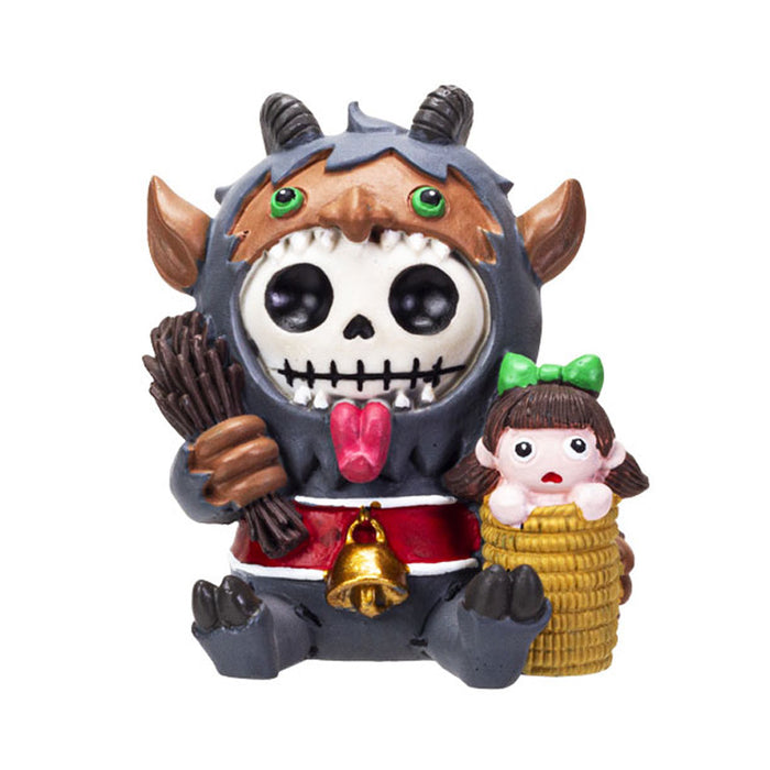 Furrybones Krampus figurine featuring skeletal creature in monster costume holding bundle of sticks, with small frightened child figure in basket, showcasing unique blend of cute and creepy holiday decor