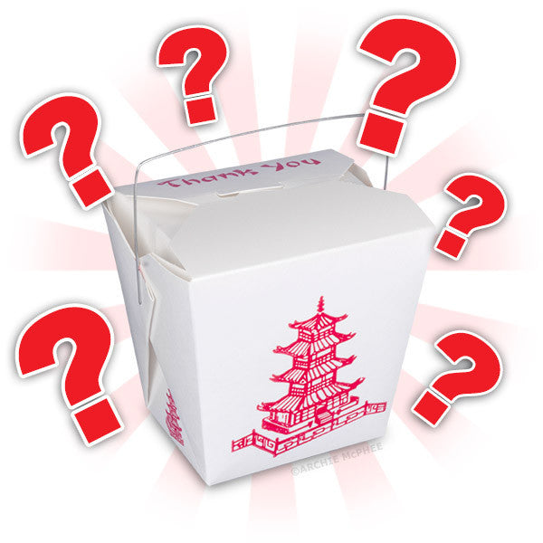 White Chinese takeout box with red pagoda design surrounded by red question marks, representing the Lucky Take-Out Surprise product filled with mystery Archie McPhee items at a discounted price.