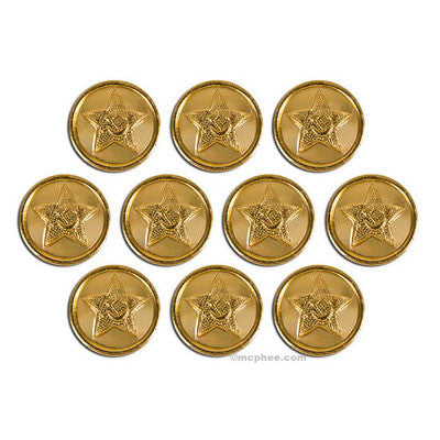 Set of ten gold-colored metal buttons featuring a star design with hammer and sickle symbol in the center, reminiscent of Soviet-era military insignia.