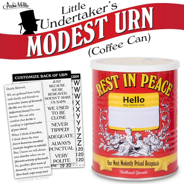 Little Undertaker's Modest Urn product image featuring a red coffee can-style container with 'Rest in Peace' label, customizable sticker sheet, and humorous product details for budget-friendly cremation ashes storage