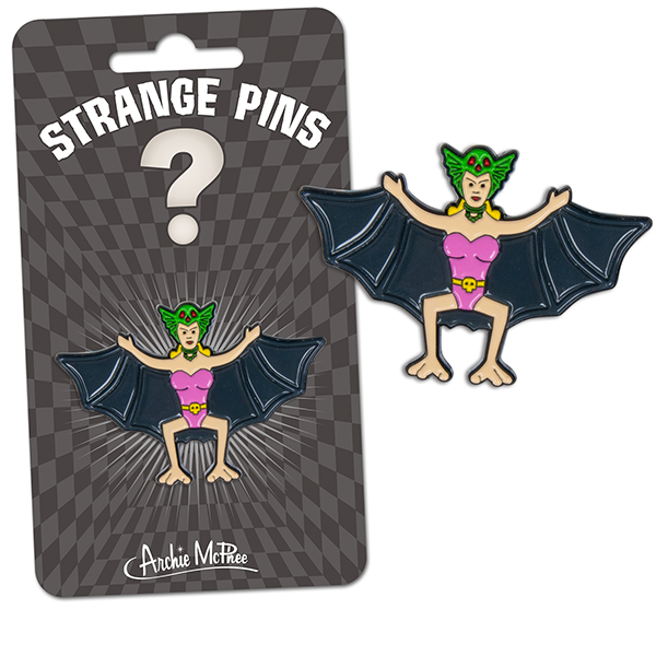 Strange Pins enamel pin featuring a green-haired creature with bat wings and a pink outfit, displayed on packaging with a checkered background and question mark design