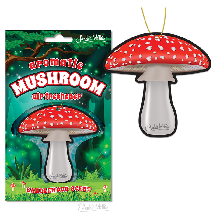 Aromatic Mushroom Air Freshener featuring a realistic red and white spotted mushroom design, displayed in packaging and as a hanging product. Enchanting forest background on the package with glowing fireflies and grass.