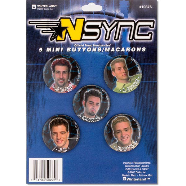 Official NSYNC merchandise featuring 5 mini buttons with individual portraits of band members on a blue background, packaged in retail packaging with logo and product details