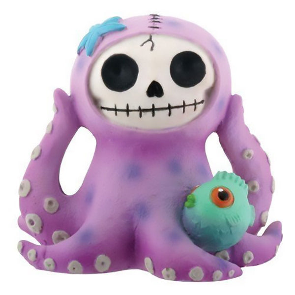 Furrybones Octopee Octopus figurine, featuring a smiling skeleton head in a purple octopus costume with tentacles, holding a small teal fish. The collectible has a whimsical, macabre design combining cute and spooky elements, perfect for unique decor.