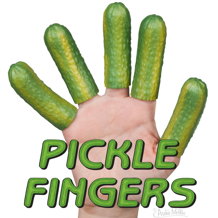 Set of 5 green vinyl pickle-shaped finger coverings on an open hand, with "PICKLE FINGERS" text overlay in green 3D lettering, perfect for novelty costume accessories or playful kitchen decor