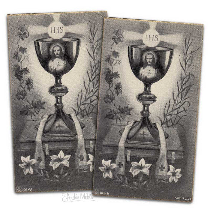 Vintage prayer cards featuring chalices with Jesus' image, surrounded by floral designs and IHS symbol, gold-edged and printed in 1937 by Cavro company