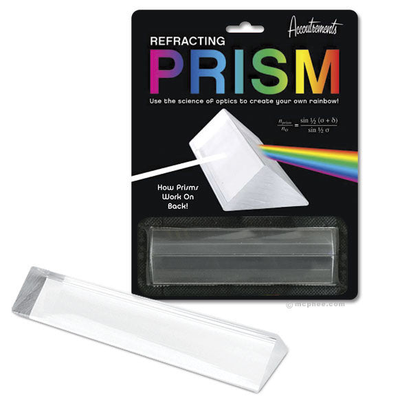 Educational refracting prism toy in packaging, demonstrating light spectrum separation. Clear plastic prism displayed with colorful rainbow graphic, explaining optical science principles. Perfect for learning about color and light refraction.