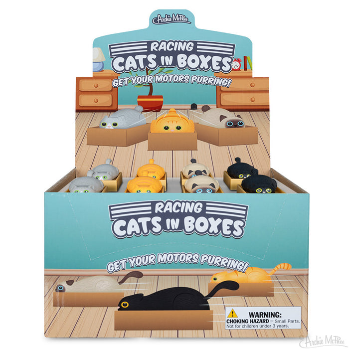 Display box of Racing Cats in Boxes toy featuring colorful pull-back cat figurines in cardboard containers. Includes assorted cats in blue, yellow, white, and black, with playful packaging design and product warning label.