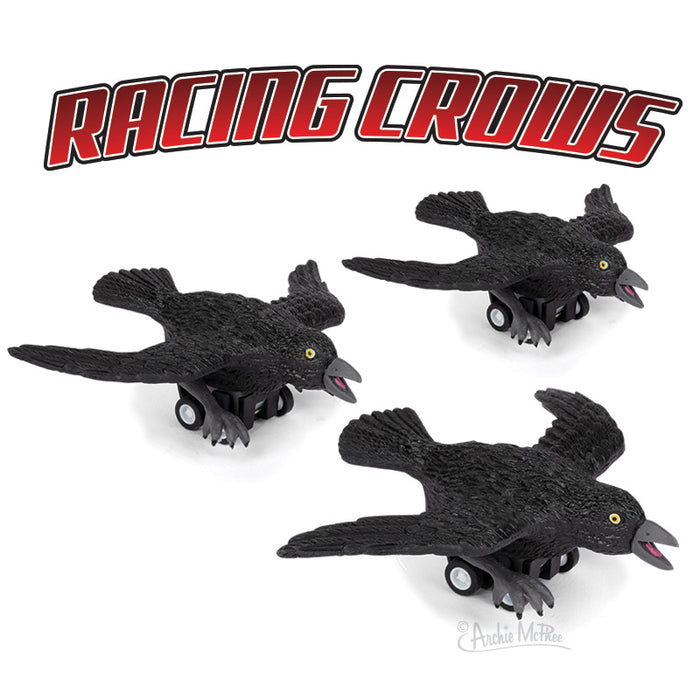 Set of 3 Racing Crows toy figurines with wheels, showcasing black crow-shaped toys in flying poses. The product title "Racing Crows" appears in bold red text above the toys, emphasizing the playful and unique nature of this pull-back racing toy set.