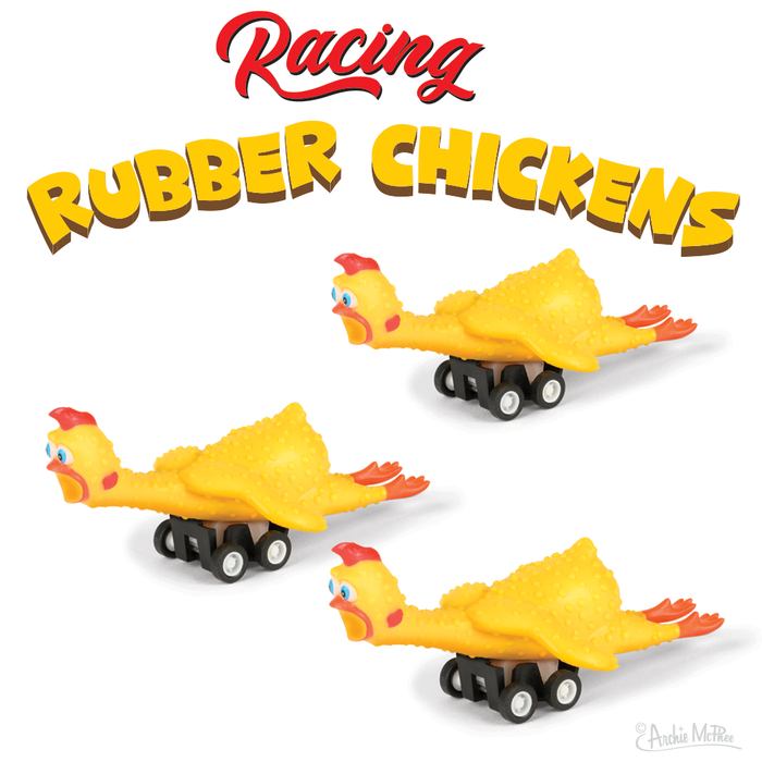 Set of 3 yellow racing rubber chickens with wheels, featuring red text "Racing Rubber Chickens" above. Toy chickens have comical designs with red combs and blue eyes, ready for pull-back racing action.