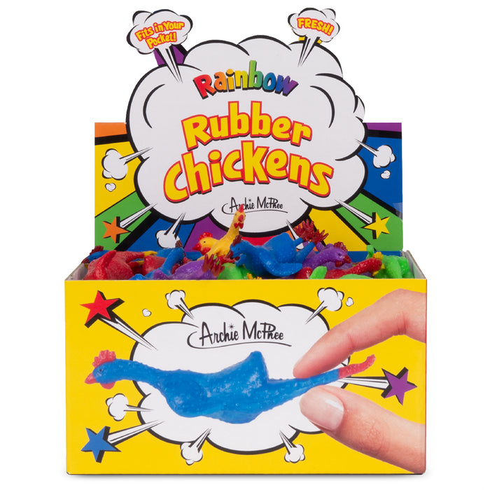 Colorful display box of Rainbow Rubber Chickens featuring vibrant packaging with cartoon speech bubbles, stars, and a hand demonstrating the stretchy blue rubber chicken toy. Perfect for bulk purchase of fun, pocket-sized novelty items.