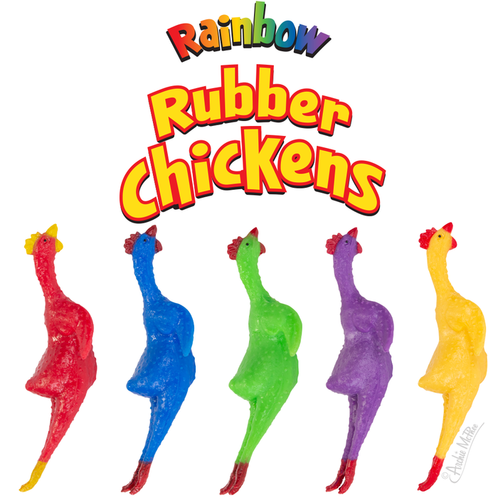 Set of five colorful rubber chickens in red, blue, green, purple, and yellow, arranged in a row beneath vibrant text reading "Rainbow Rubber Chickens