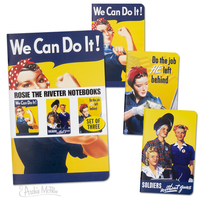 Set of three Rosie the Riveter themed notebooks featuring iconic World War II women's empowerment imagery, including "We Can Do It!" slogan, working women, and inspirational quotes, perfect for writing goals and self-care reminders