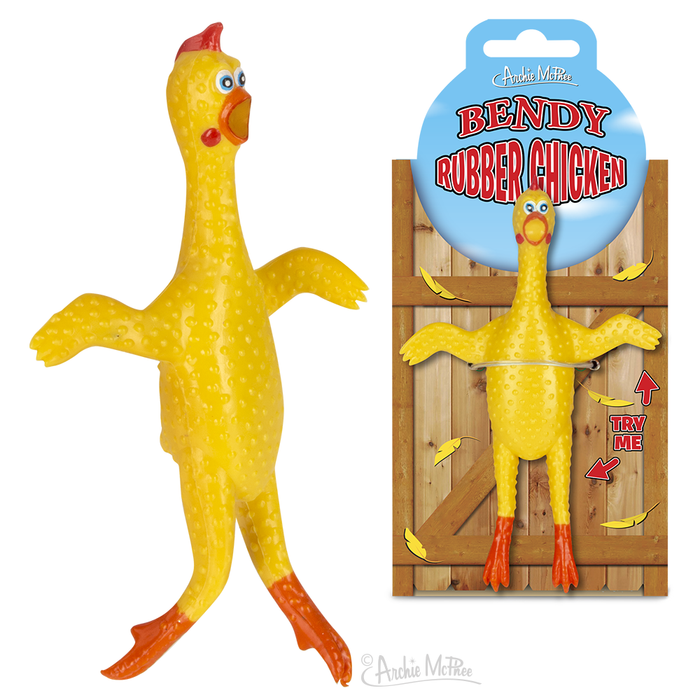 Bendable yellow rubber chicken toy with red comb and feet, shown both as standalone and in packaging with barn backdrop. Product titled "Bendy Rubber Chicken" on blue circular label.