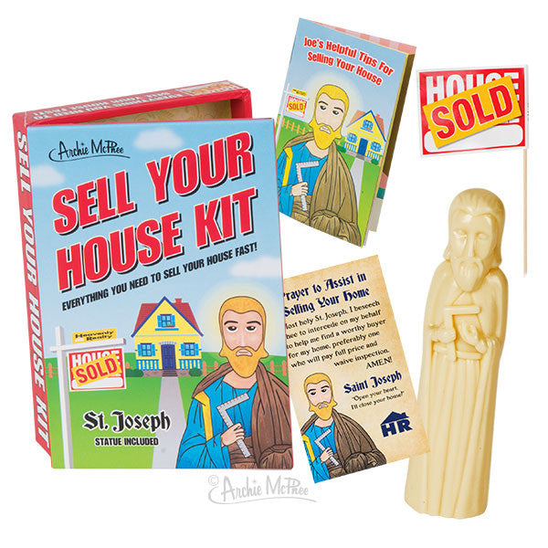 Sell Your House Kit featuring Saint Joseph statue, booklet, prayer card, and sold sign. Humorous product for homeowners seeking divine intervention in real estate sales.